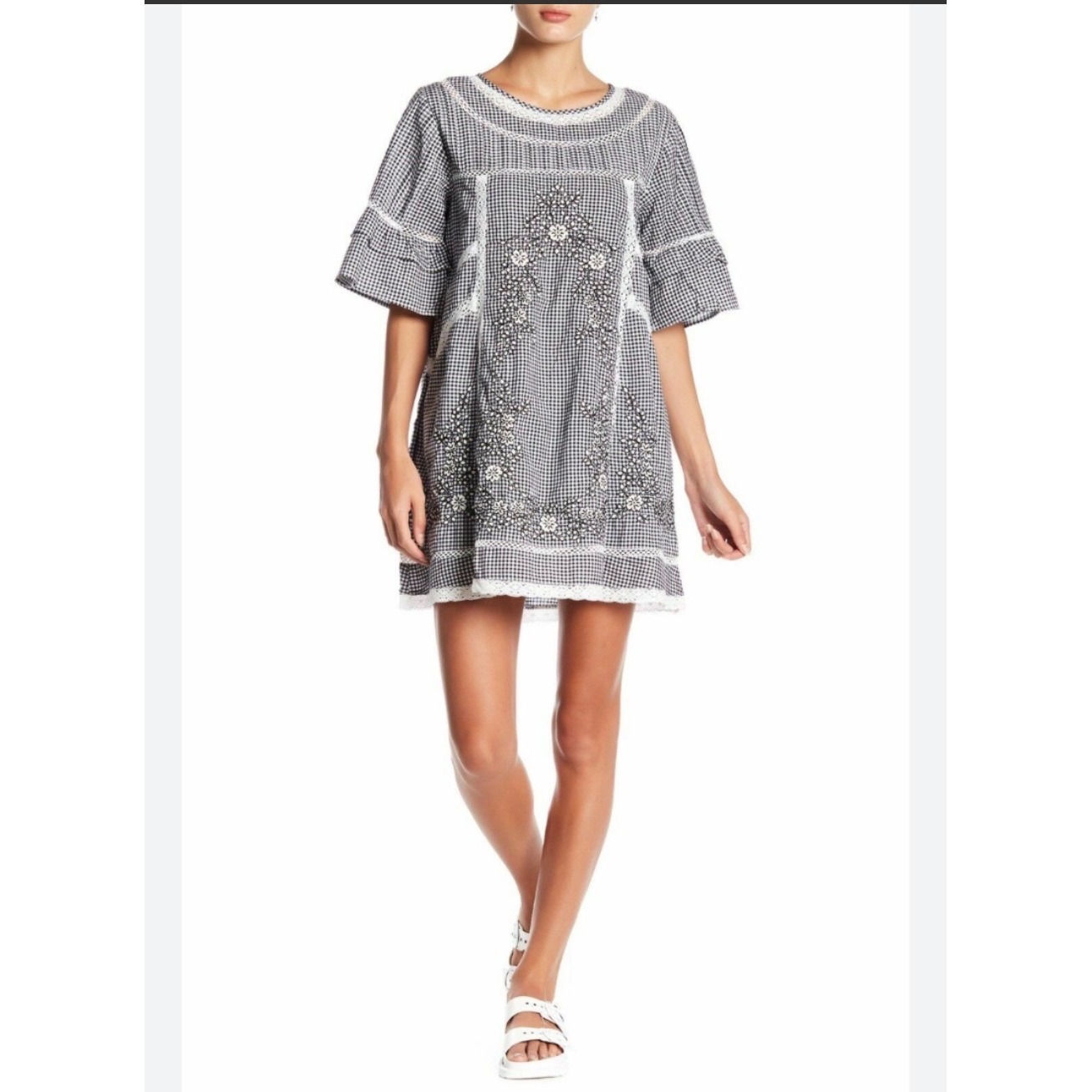 Free People Mini Dress Womens Medium Gingham Embroidered Lace Ruffle Bell Sleeve